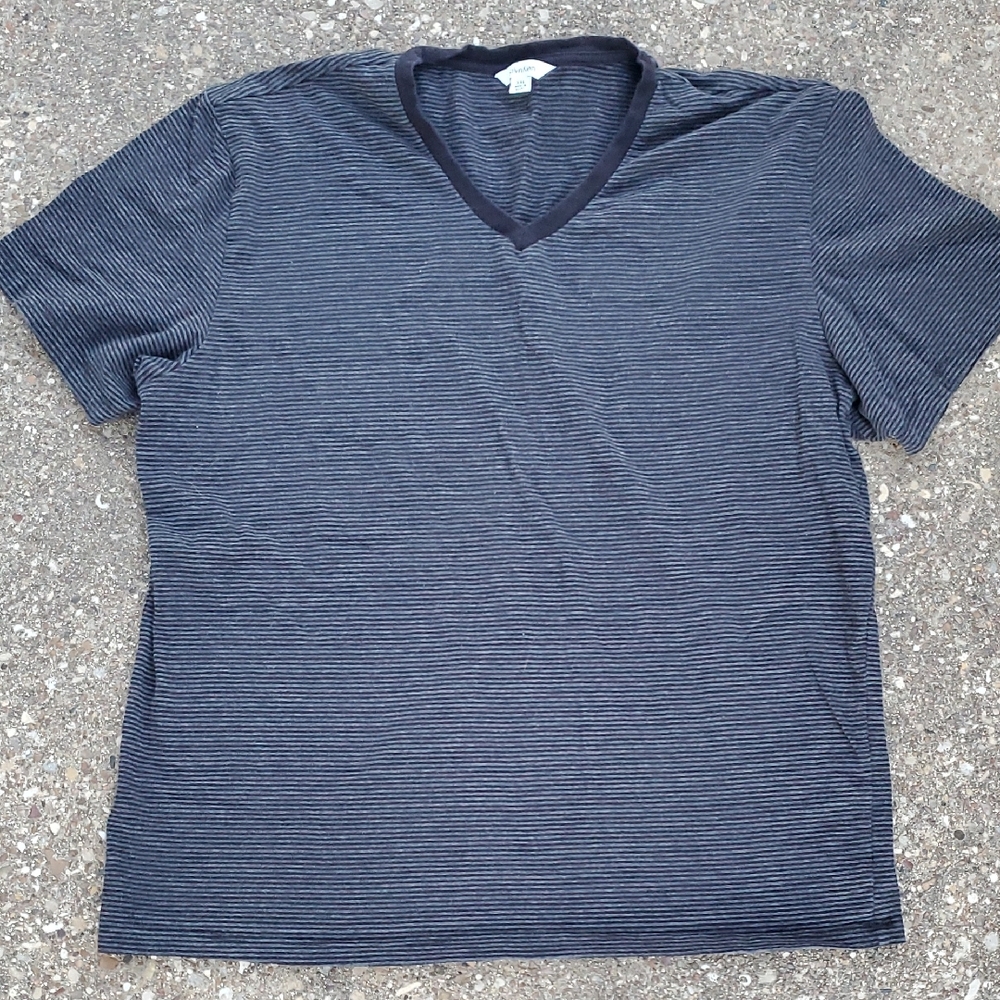 Calvin Klein Black Grey Striped V-Neck T-Shirt XXL Mens Short Sleeve Casual Top